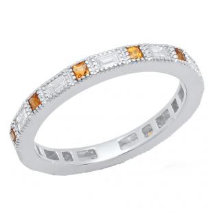 14K White Gold Princess Cut Citrine & Baguette Cut White Diamond Stackable Wedding Band