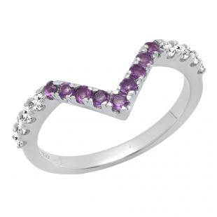 Sterling Silver Round Amethyst And Diamond Ladies Anniversary Wedding Band V Shaped Chevron Band