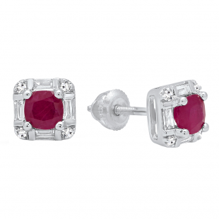 Sterling Silver 4 MM Cushion Ruby And Baguette & Round White Diamond Ladies Stud Earrings