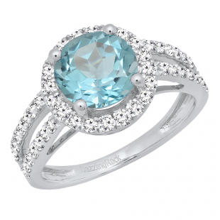 Sterling Silver 8 MM Round Blue Topaz & White Diamond Halo Split Shank Bridal Engagement Ring