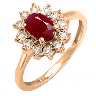 18K Rose Gold 8X6 MM Oval Ruby & Round White Diamond Ladies Bridal Starburst Frame Engagement Ring