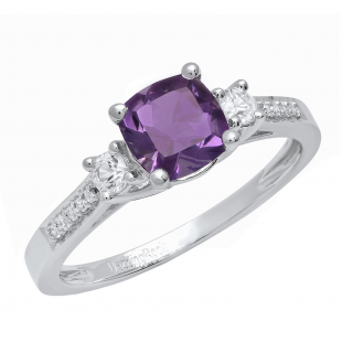 10K White Gold 6 MM Cushion Amethyst And Round White Sapphire & Diamond Ladies Engagement Ring