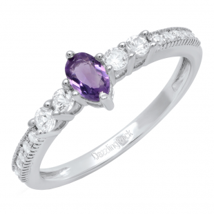 Sterling Silver 5X3 MM Oval Amethyst Round White Sapphire & Diamond Ladies 5 Stone Engagement Ring