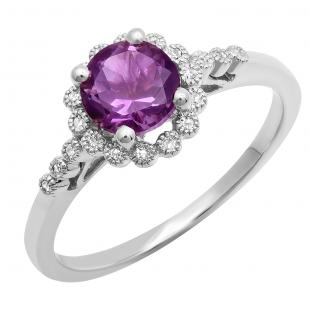 10K White Gold 6 MM Round Amethyst & White Diamond Ladies Bridal Engagement Ring