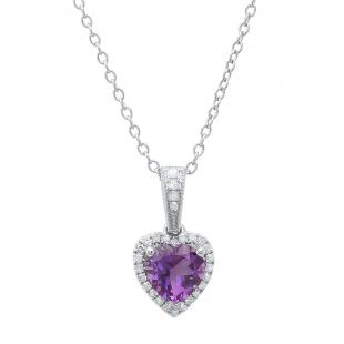 Sterling Silver 7 MM Heart Shape Amethyst & Round White Diamond Ladies Halo Pendant (Silver Chain)