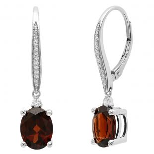 10K White Gold 9X7 MM Each Oval Garnet & Round Diamond Ladies Dangling Drop Earrings