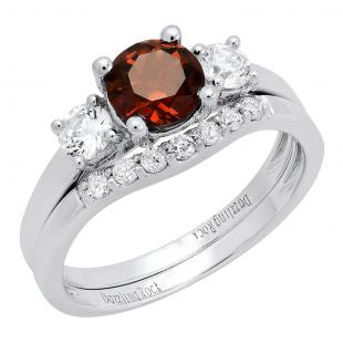 10K White Gold 6 MM Round Garnet White Sapphire & Diamond Ladies Engagement Ring Set