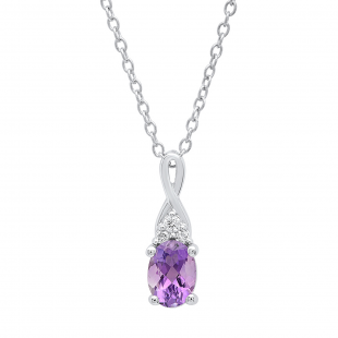 14K White Gold 7X5 MM Oval Amethyst & Round Diamond Ladies Infinity Pendant (Silver Chain Included)