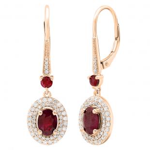 18K Rose Gold 7X5 MM Oval Ruby & Round Diamond Ladies Drop Earrings