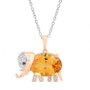 18K Rose Gold 14X10 MM Oval Citrine & Round Black & White Diamond Ladies Elephant Pendant