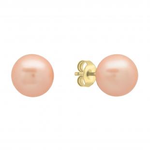 14K Yellow Gold Round Pink Pearl Ball Stud Earrings With Gold Pushbacks