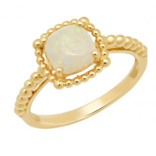 10K Yellow Gold 7 MM Cushion Opal Ladies Solitaire Beaded Engagement Ring