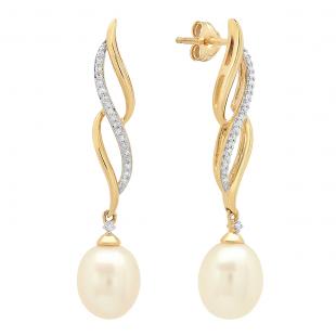 0.08 Carat (ctw) 10K Yellow Gold 8X7.5 MM Each Oval Pearl & Round Diamond Ladies Dangling Earrings