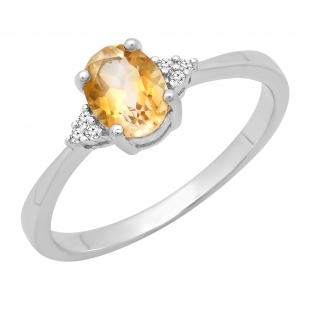 7X5 MM Oval Citrine & Round White Diamond Ladies Bridal Promise Engagement Ring, Sterling Silver