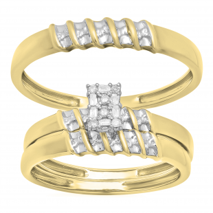 0.10 Carat (ctw) Round White Diamond Ladies & Men's Bridal Engagement Ring Trio Set Band 1/10 CT 10K Yellow Gold
