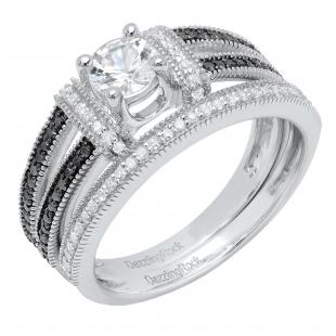 5 mm Round White Sapphire with Round Black & White Diamond Ladies Split Shank Engagement Ring Set Sterling Silver