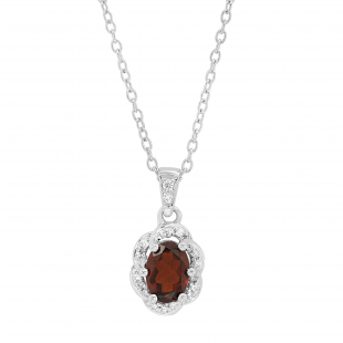 7X5 MM Oval Garnet & Round Diamond Ladies Halo Pendant (Silver Chain Included), 14K White Gold