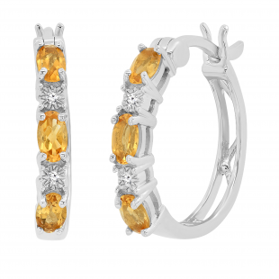 5X3 MM Each Oval Citrine & Round White Diamond Ladies Hoop Earrings, Sterling Silver