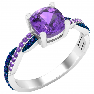 6 mm Cushion Amethyst & Round Blue Sapphire & Amethyst Ladies Swirl Engagement Ring, Sterling Silver
