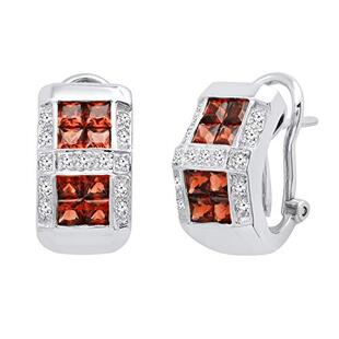 2.5 mm Princess Garnet & Round White Diamond Ladies Fashion Hoop Earrings 14K White Gold