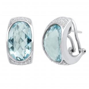 14X8 mm Oval Blue Topaz & Round White Diamond Ladies Fashion Hoop Earrings 14K White Gold
