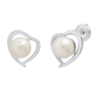 8 mm Each Round White Freshwater Pearl & White Diamond Ladies Heart Stud Earrings Sterling Silver