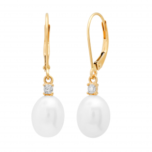 Oval Freshwater Pearl & Round White Diamond Ladies Dangling Drop Earrings 14K Yellow Gold