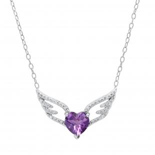 7 mm Heart Amethyst & Round White Diamond Ladies Love Angel Wing Pendant Sterling Silver