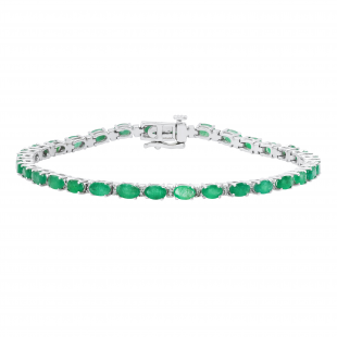 5X3 mm Oval Emerald & Round White Diamond Ladies Fashion Tennis Bracelet 10K White Gold