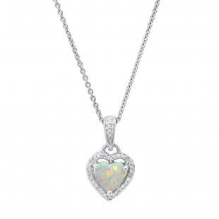 Heart Opal & Round White Diamond Ladies Halo Style Heart Shape Pendant Sterling Silver