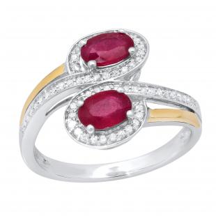 6X4 MM Oval Ruby & Round Diamond Ladies Engagement Ring Sterling Silver with 14K Yellow Gold Plate