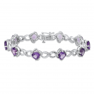 6 mm Cushion Amethyst With Round Diamond Accents Ladies Tennis Bracelet Sterling Silver