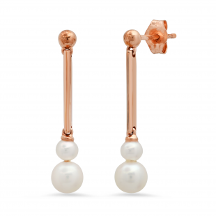 Ladies Round White Freshwater Pearl Double Ball Bar Drop Earrings, 10K Rose Gold