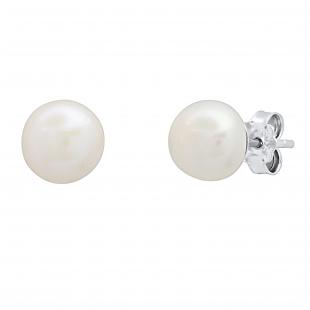 8 mm Round White Genuine Freshwater Pearl Ladies Ball Stud Earrings, 925 Sterling Silver