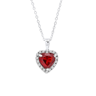 6 MM Heart Garnet & Round White Diamond Ladies Halo Style Pendant with Silver Chain 14K White Gold