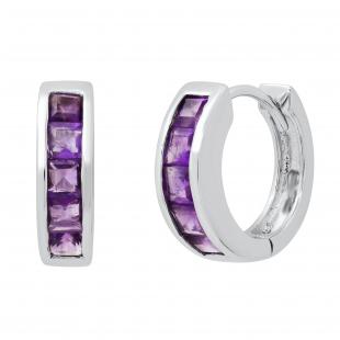 3 mm Stunning Princess Amethyst Ladies Channel Set Fancy Hoop Earrings | 925 Sterling Silver