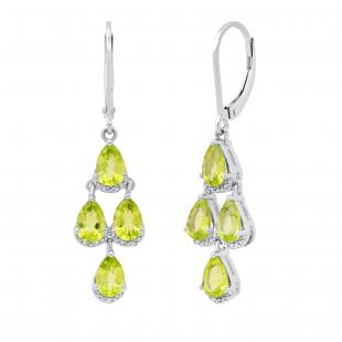 6X4 mm Pear Peridot & Round White Diamond Ladies Dew Drop Chandelier Earrings | 925 Sterling Silver