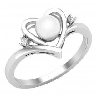 5.5 MM Round Freshwater Pearl & White Diamond Ladies Elegant Heart Promise Ring, 18K White Gold