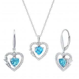 Heart Blue Topaz & Round White Topaz Ladies Matching Earrings & Pendant Set | 925 Sterling Silver