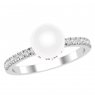 8 mm Round White Freshwater Pearl & Diamond Ladies Charming Dainty Engagement Ring | 18K White Gold