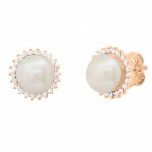Round 7mm Freshwater Cultured Pearl with 0.19 CT White Diamond Halo Style Pushback Stud Earrings for Women in 18K Rose Gold