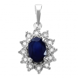 1.00 Carat (ctw) Kate Middleton Diana Replica 10K White Gold Real Round Diamond With Real Oval Blue Sapphire Matching Ladies Pendant