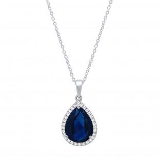 18K White Gold 10X7 MM Pear Cut Lab Created Blue Sapphire & Round Cut Diamond Ladies Pendant