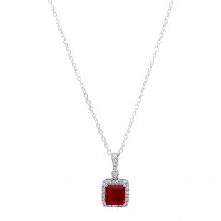 14K White Gold 6 MM Princess Lab Created Ruby & Round Diamond Ladies Pendant