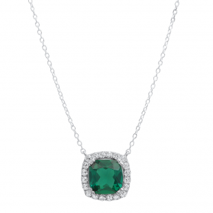 Sterling Silver 10 MM Cushion Lab Created Emerald & Round Natural White Sapphire Ladies Halo Pendant