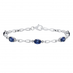 7X5 mm Oval Lab Created Blue Sapphire & Round White Diamond Ladies Tennis Bracelet Sterling Silver