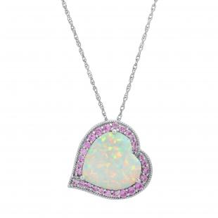 14 mm Heart Lab Created Opal & Round Lab Created Pink Sapphire Ladies Halo Pendant Sterling Silver