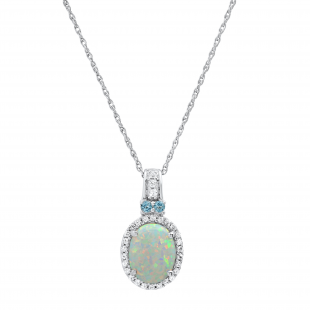 Lab Created 9x7mm Center Oval Opal & Round White Sapphire, Natural Blue Topaz Halo Style Pendant with 18 inch Silver Chain for Her in 925 Sterling Silver