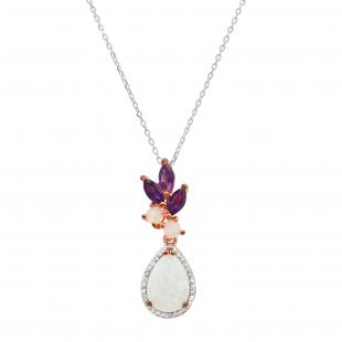 Created Opal with Marquise Created Amethyst & Diamond Pendant, Rose gold Plated 925 Sterling Silver