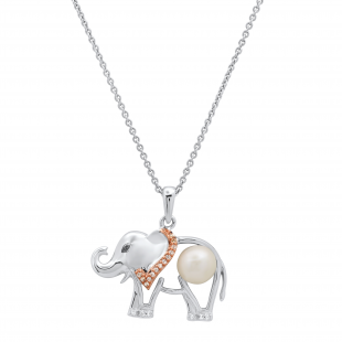 White Freshwater Pearl & White Sapphire Elephant Pendant with Silver Chain, 925 Sterling Silver